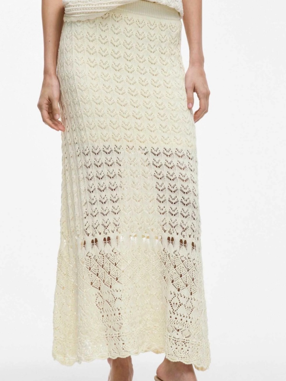 VILA Skirt Womens XL Cream Open Knit Crochet Maxi High Waist Lined Boho